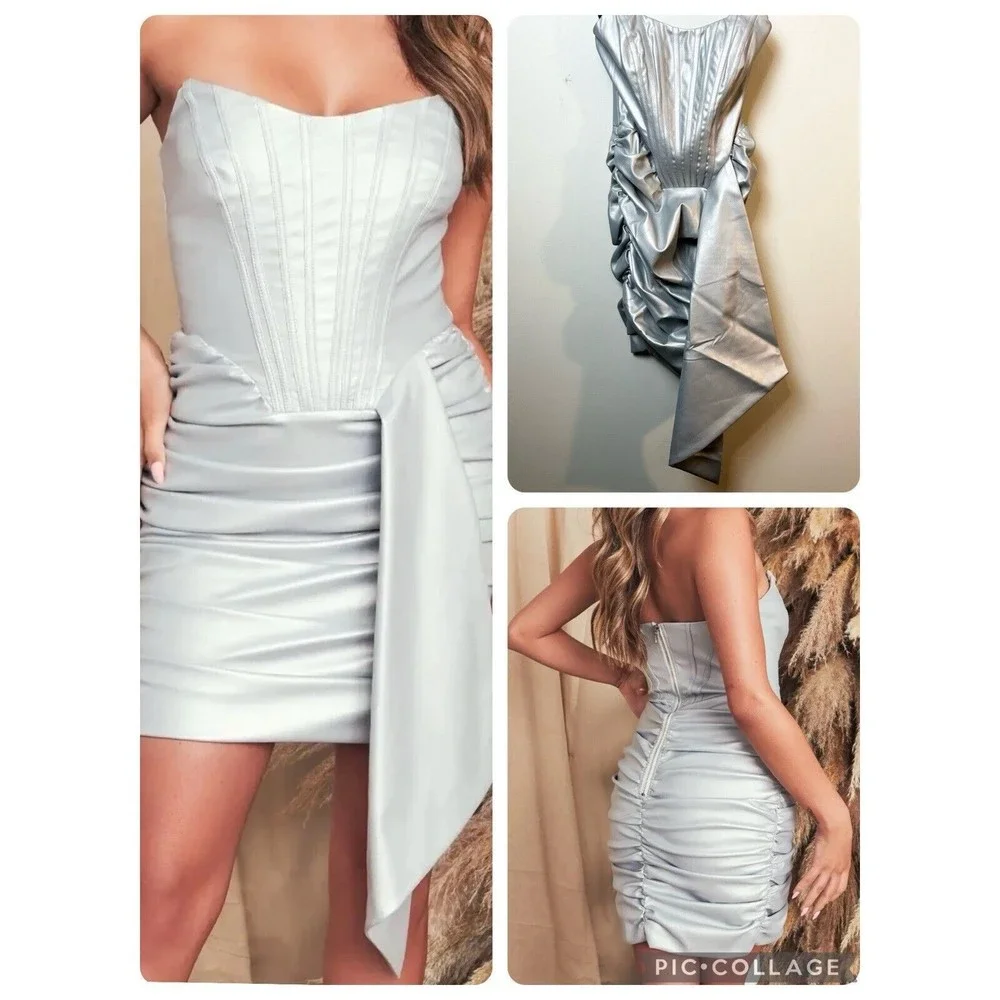 Lavish Alice Silver Metallic Vegan Leather Corset Mini Dress New Sz 0 - Picture 3 of 16